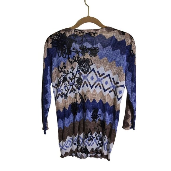 Leo Guy Paris Linen Cotton Lightweight Blue Pattern Cardigan Sweater Size S - Picture 2 of 4